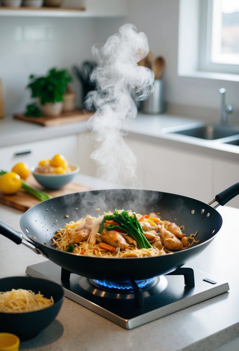 A wok sizzles with chicken, veggies, and noodles, as steam rises. Ingredients sit nearby on a clean kitchen counter