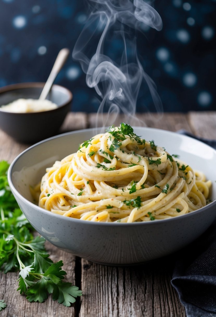 A steaming bowl of creamy vegan alfredo pasta, garnished with fresh herbs, sits on a rustic wooden table