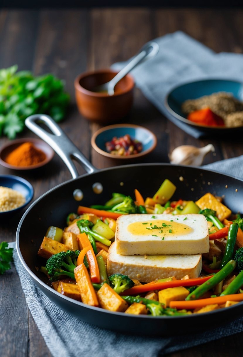 A sizzling skillet with garlic butter tofu, colorful stir-fry vegetables, and a variety of aromatic spices