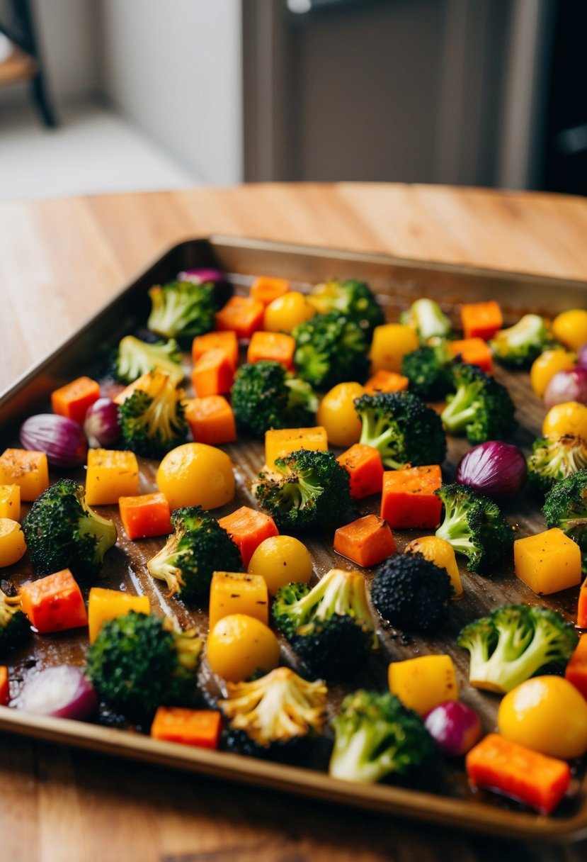 A colorful assortment of roasted vegetables arranged on a baking tray, fresh out of the oven