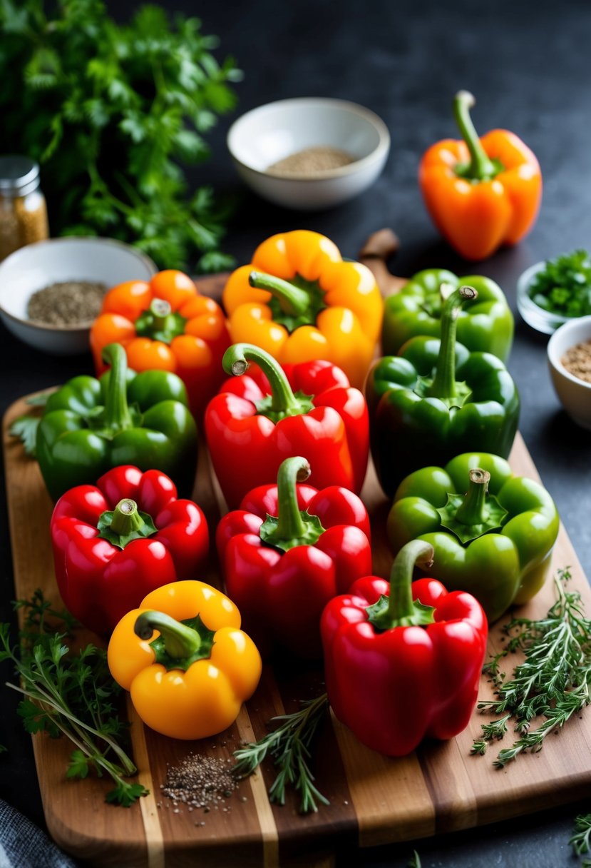 A colorful assortment of sweet red peppers arranged on a wooden cutting board, surrounded by fresh herbs and spices