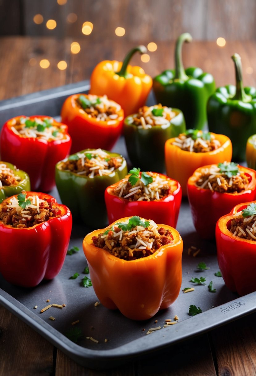 A colorful array of sweet red bell peppers, stuffed with a delicious mixture of rice, ground meat, and spices, arranged on a baking tray