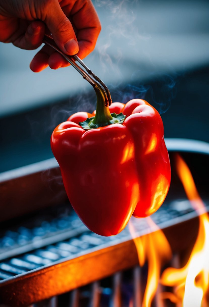 A vibrant red pepper being roasted over an open flame