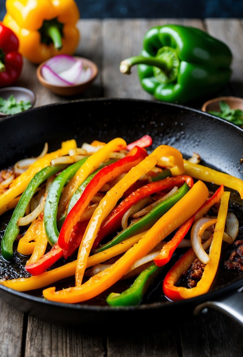 A sizzling skillet of sweet pepper fajitas with colorful strips of red, yellow, and green peppers, onions, and sizzling spices