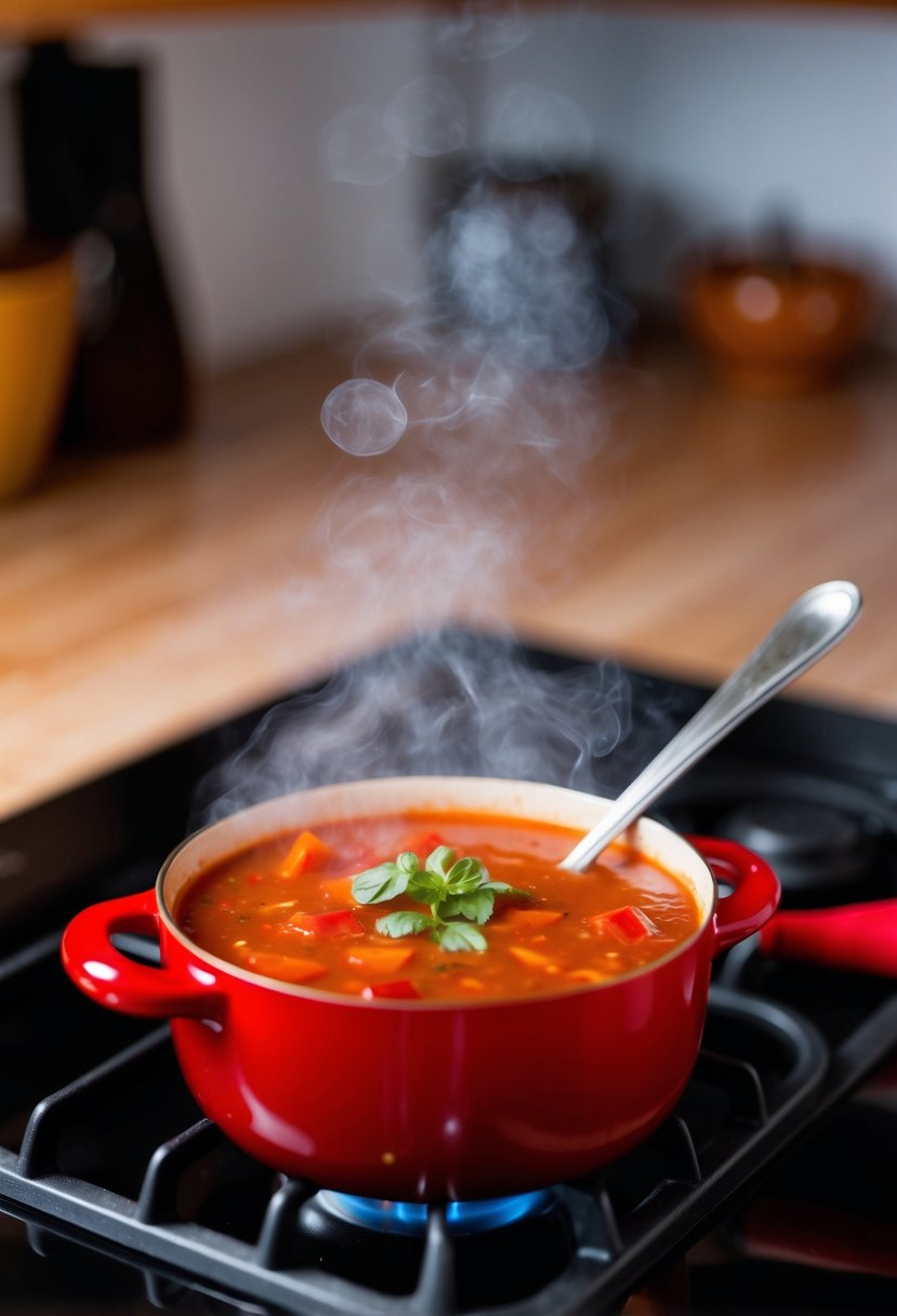 A pot of simmering red pepper and tomato soup on a stove