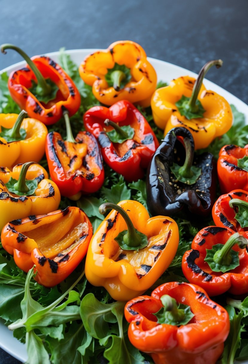 A colorful assortment of grilled sweet red peppers arranged on a bed of fresh greens, drizzled with a light vinaigrette