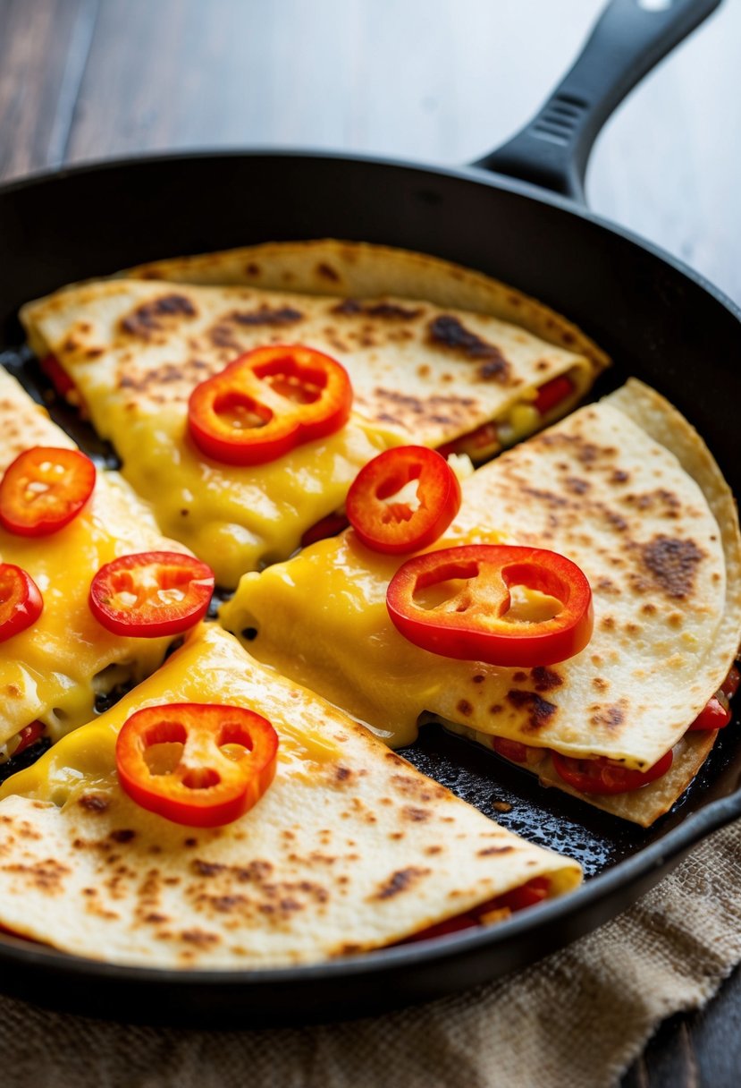 A sizzling skillet with golden-brown quesadillas oozing with melted cheese and topped with vibrant red pepper slices