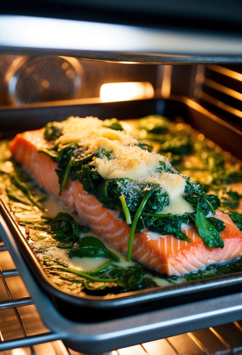 A whole salmon fillet, topped with a layer of spinach and parmesan, baking in the oven