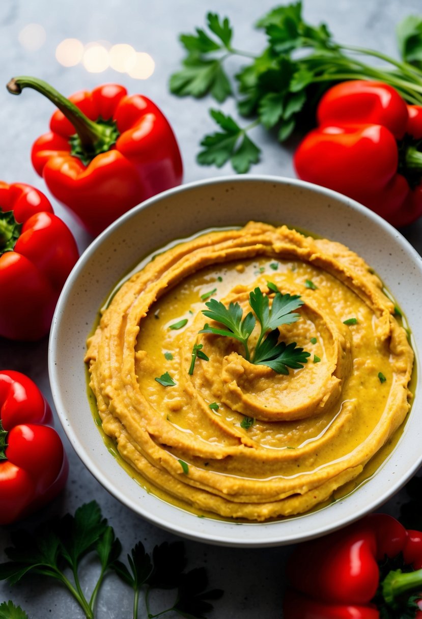 A bowl of red pepper hummus surrounded by fresh red peppers and a sprig of parsley