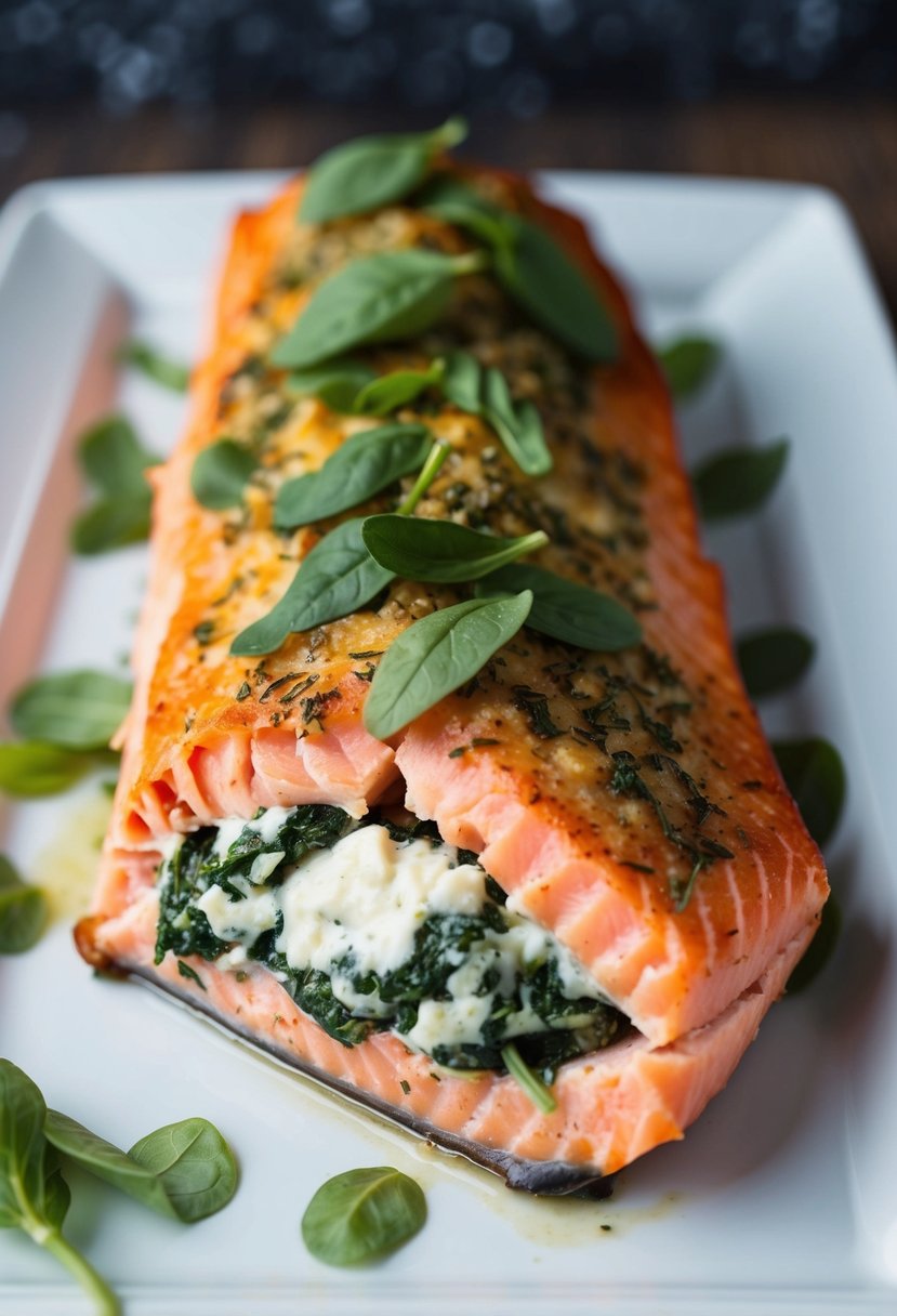 A piece of salmon stuffed with herbed spinach and goat cheese, baked to perfection