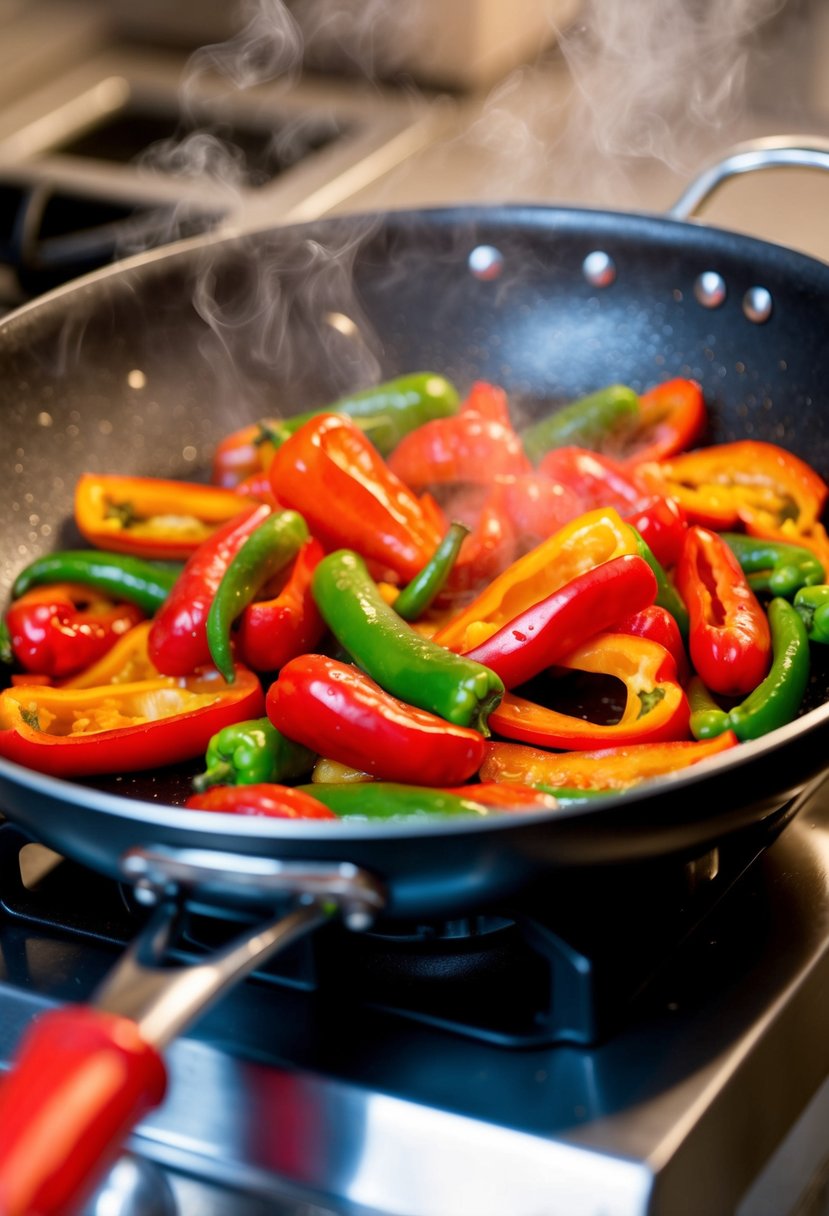 A sizzling stir-fry pan with vibrant red peppers, sizzling and steaming as they are being tossed and cooked