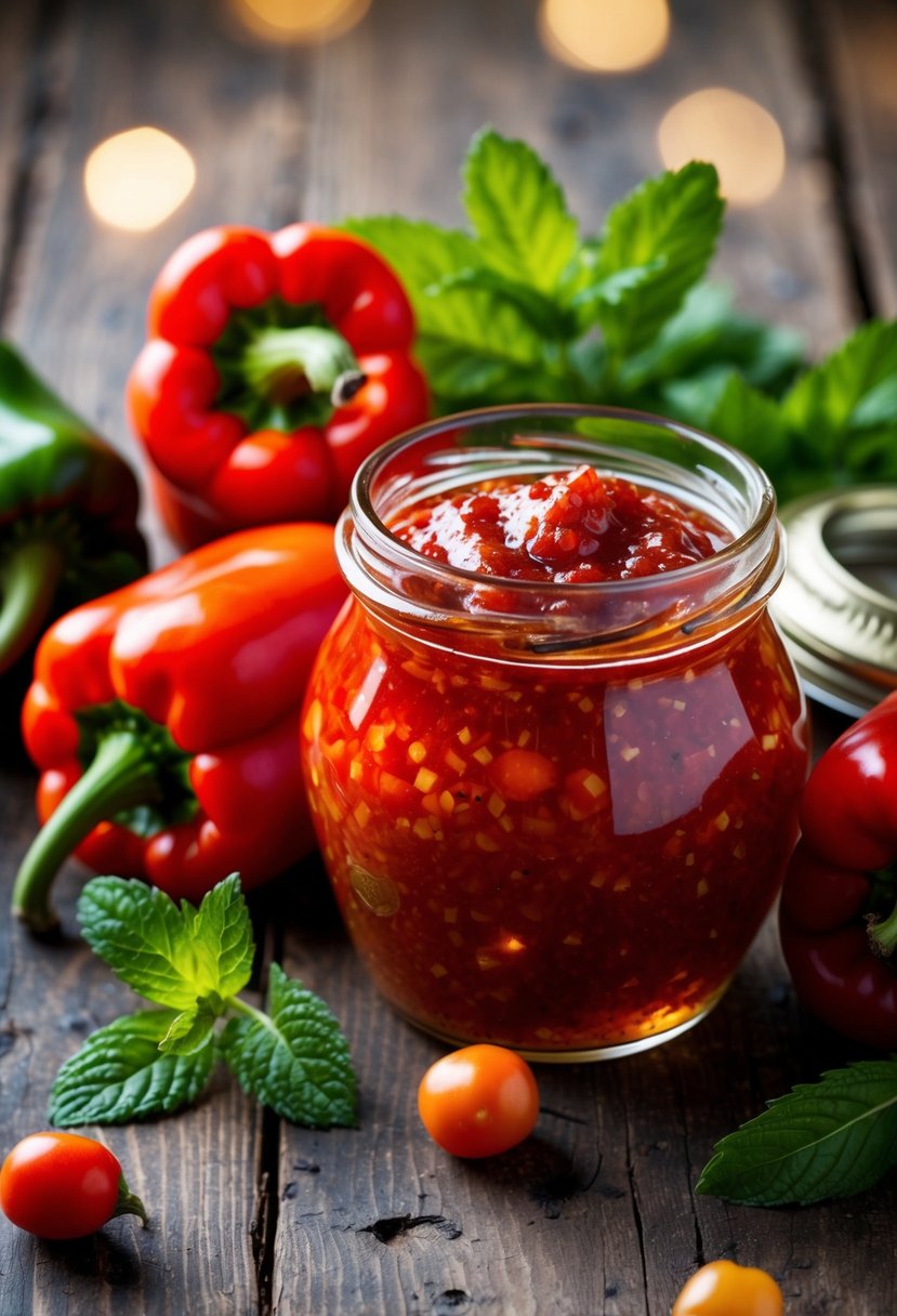 A jar of spicy red pepper jam surrounded by fresh red peppers and a sprig of mint on a rustic wooden table