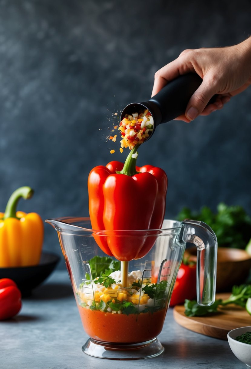 A vibrant red pepper being blended with fresh ingredients for sweet pepper gazpacho