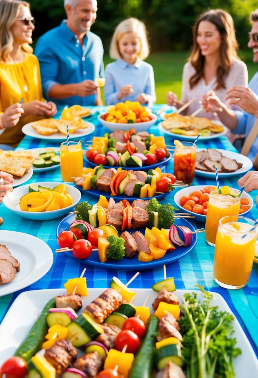 A colorful spread of grilled vegetables, lean meats, and fruit skewers on a picnic table, surrounded by friends and family enjoying a sunny outdoor barbecue