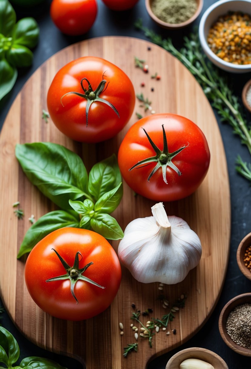 Fresh tomatoes, basil, and garlic on a wooden cutting board, surrounded by various herbs and spices