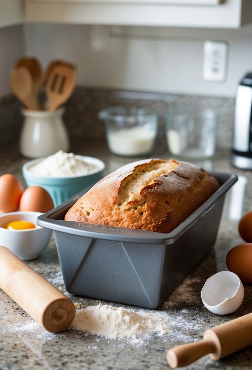 A loaf of bread baking in a Pampered Chef stone loaf pan surrounded by ingredients like flour, eggs, and a rolling pin on a kitchen counter