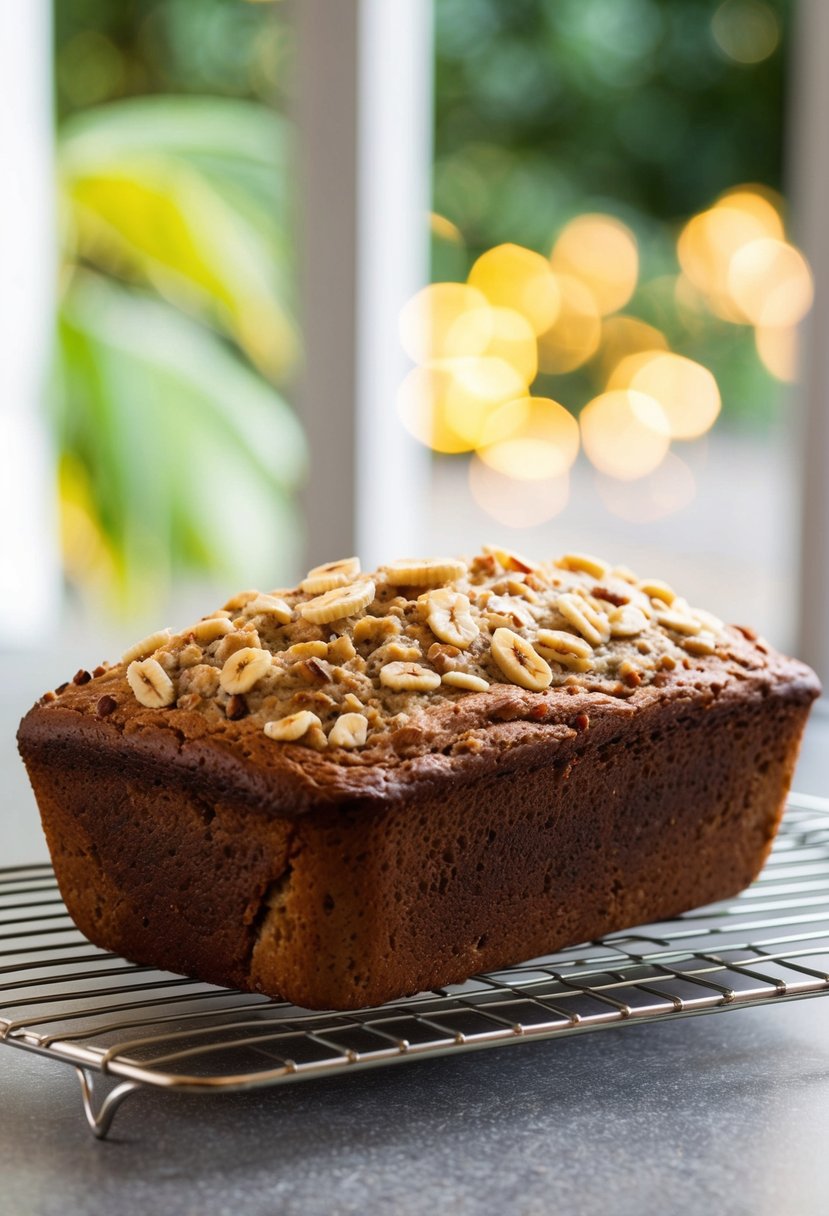 A freshly baked banana nut bread cooling on a Pampered Chef stone loaf pan