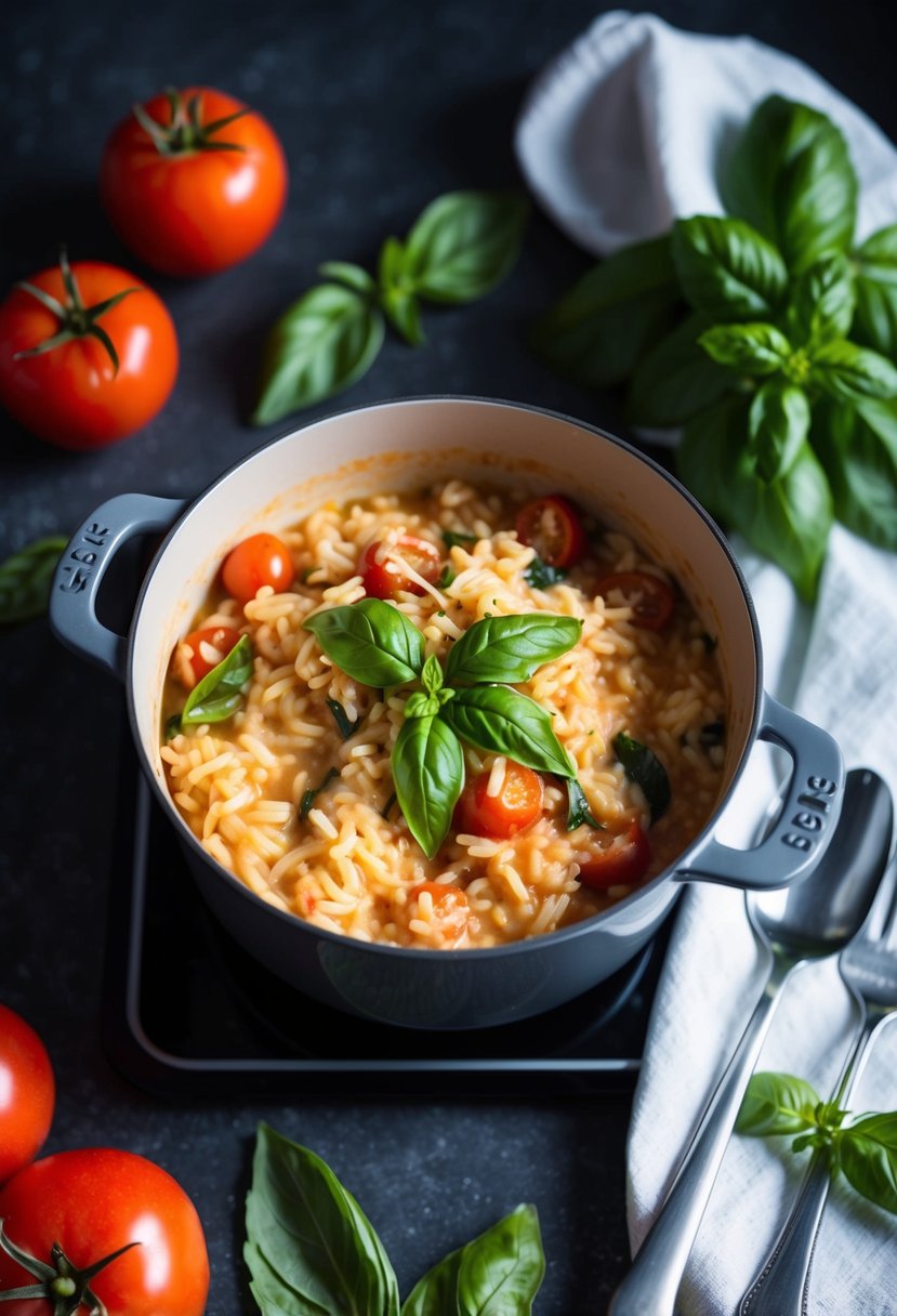 A pot of creamy tomato and basil risotto simmers on a stove, surrounded by fresh basil leaves and ripe tomatoes