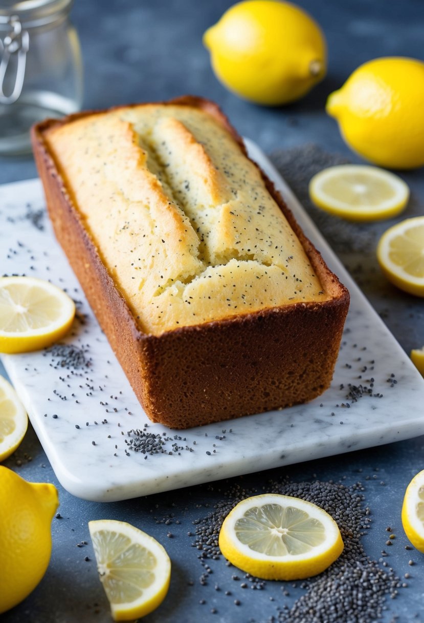 A freshly baked lemon poppy seed loaf sits on a pampered chef stone loaf pan, surrounded by scattered poppy seeds and lemon slices