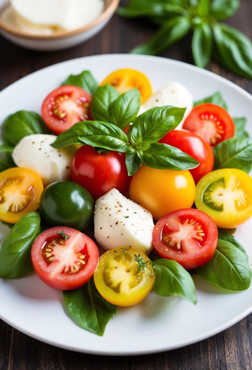 A colorful Caprese salad with vibrant heirloom tomatoes, fresh basil, and creamy mozzarella arranged on a white plate