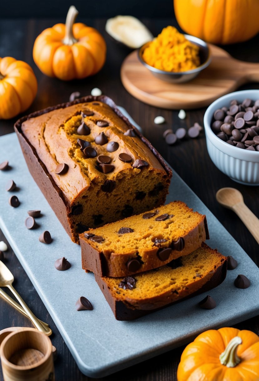 A loaf of chocolate chip pumpkin bread sits on a Pampered Chef stone loaf pan, surrounded by scattered ingredients and kitchen utensils