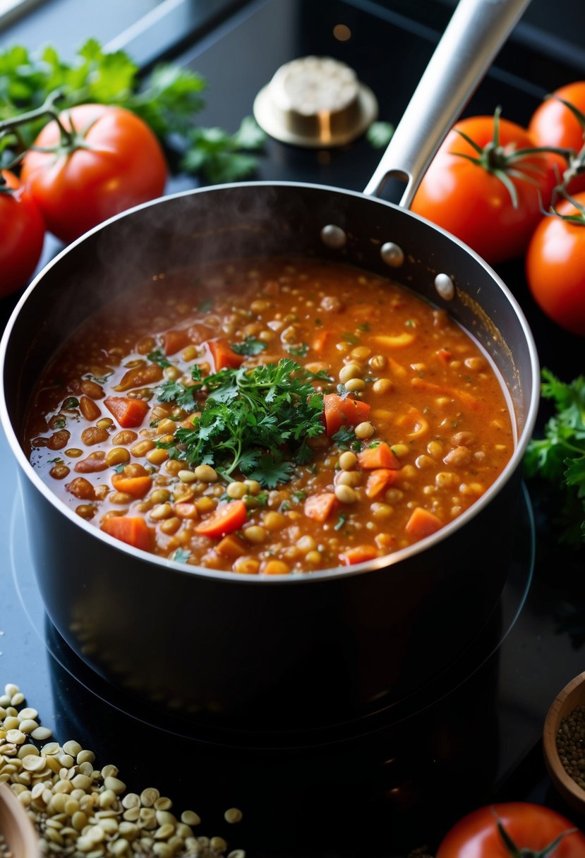 A pot of spicy tomato and lentil soup simmers on a stovetop, surrounded by fresh tomatoes, lentils, and various herbs and spices