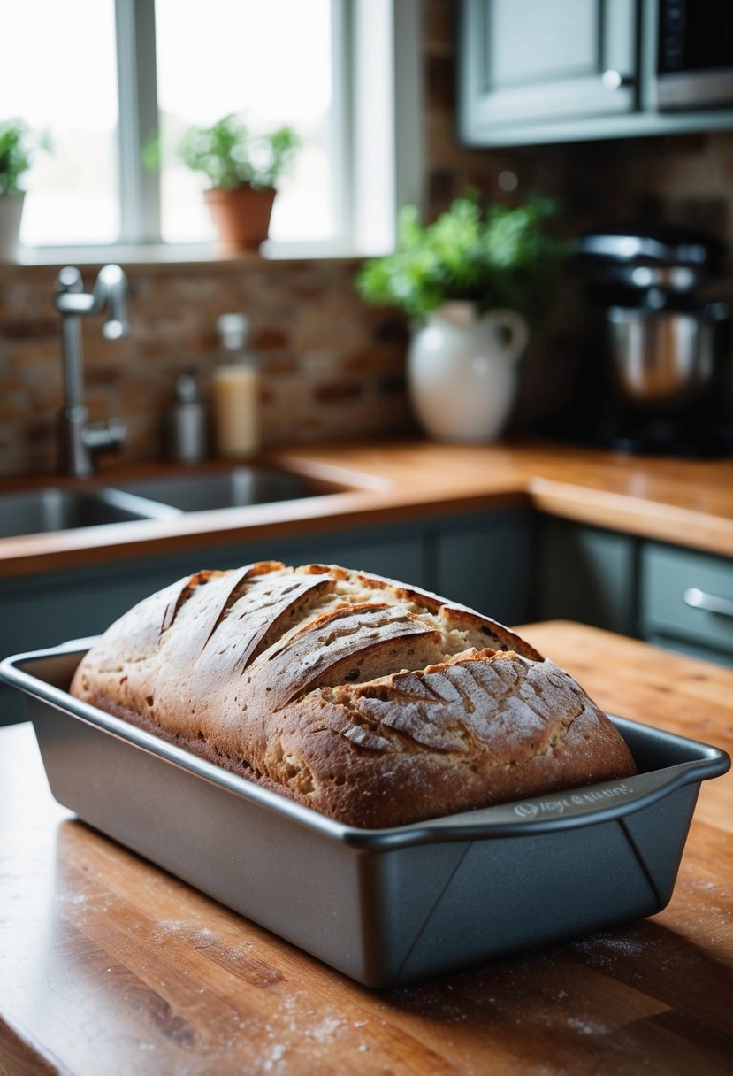 A rustic kitchen counter with a freshly baked loaf of sourdough bread cooling on a pampered chef stone loaf pan