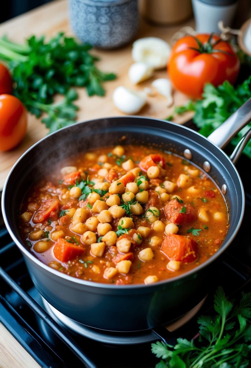 A bubbling pot of tomato and chickpea stew simmering on a stove, surrounded by fresh vegetables and herbs