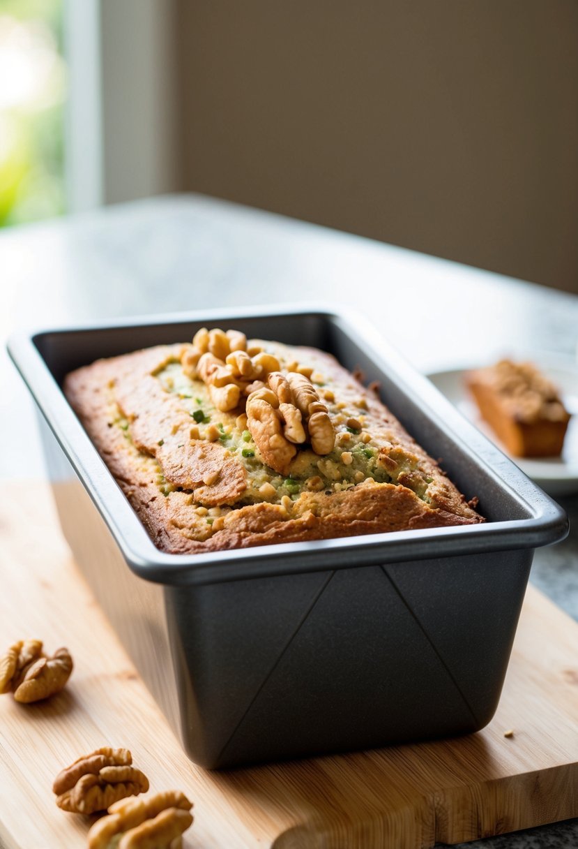 A loaf of zucchini bread with walnuts cools on a Pampered Chef stone loaf pan