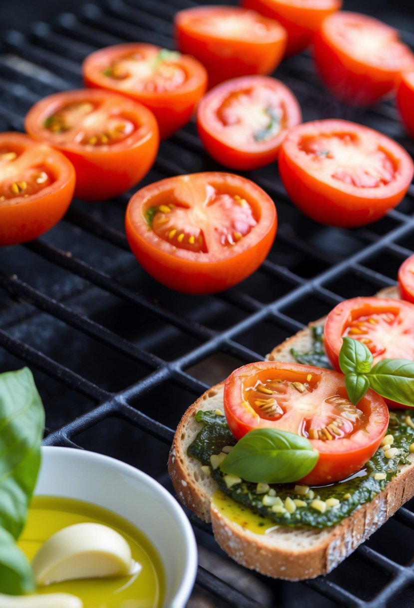 Fresh tomatoes being sliced and roasted on a grill, alongside a spread of fresh basil, garlic, and olive oil on a rustic piece of bread