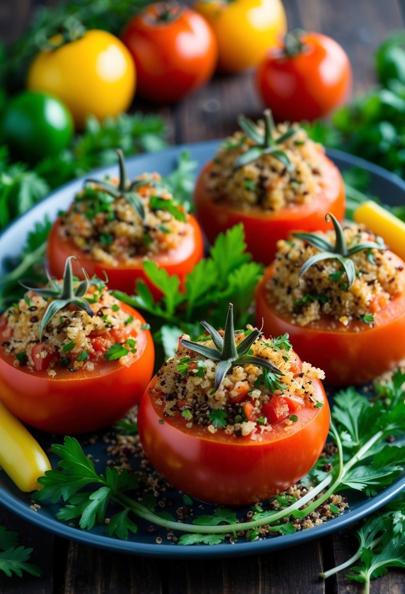 A platter of stuffed tomatoes with quinoa, surrounded by fresh herbs and colorful vegetables