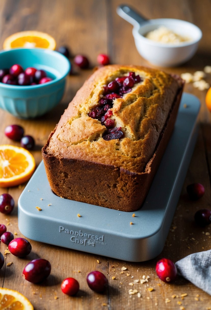 A loaf of cranberry orange bread sits fresh out of the oven on a pampered chef stone loaf pan, surrounded by scattered ingredients