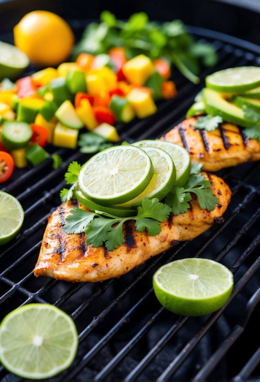 Grilled chicken breast topped with avocado, cilantro, and lime slices, surrounded by a spread of colorful vegetables on a barbecue grill