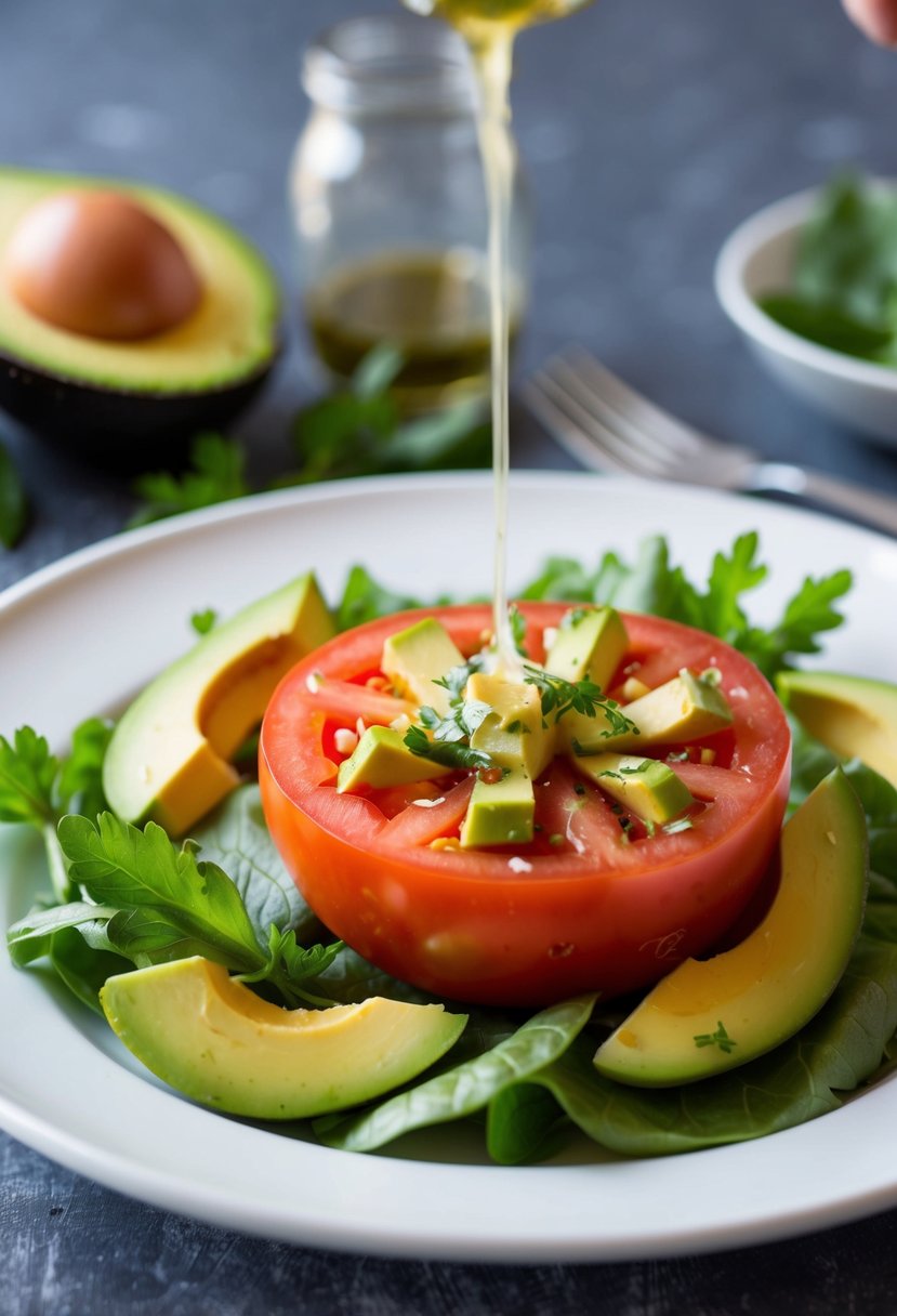 A ripe tomato and avocado salad sits on a white plate, garnished with fresh herbs and drizzled with vinaigrette