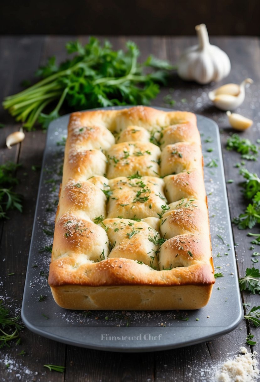 A freshly baked garlic herb focaccia sits on a Pampered Chef stone loaf pan, surrounded by scattered herbs and a light dusting of flour