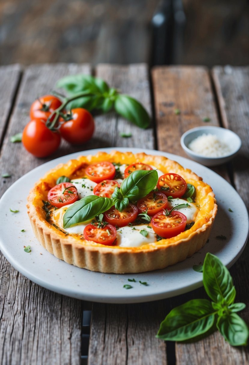 A golden-brown tomato and mozzarella tart, garnished with fresh basil and oregano, sits on a rustic wooden table