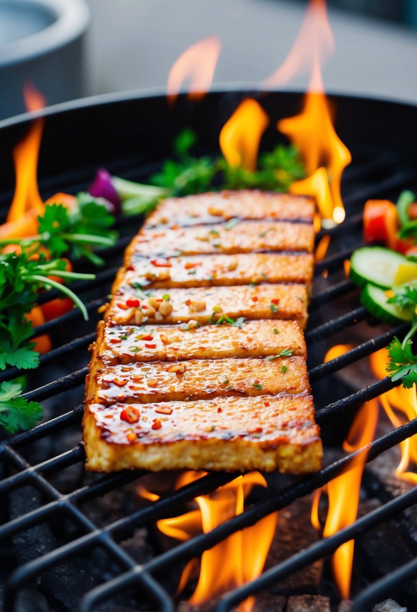 A sizzling tempeh slab grilling over open flames, glazed with ginger soy BBQ sauce, surrounded by colorful vegetables and herbs