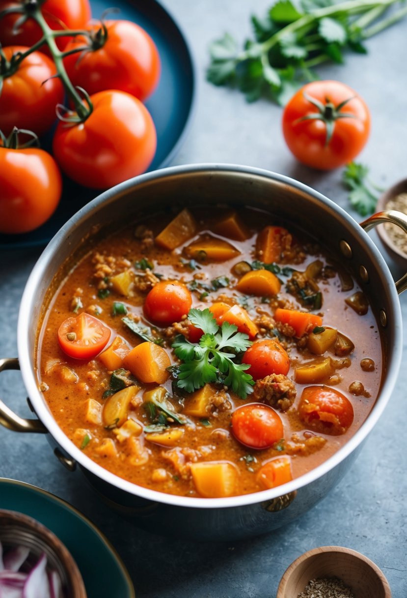 A simmering pot of vegetarian tomato curry with fresh tomatoes, onions, and aromatic spices