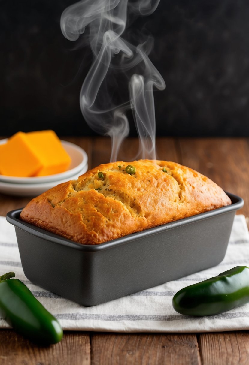 A freshly baked cheddar jalapeño bread sitting on a pampered chef stone loaf pan, with steam rising from the golden crust