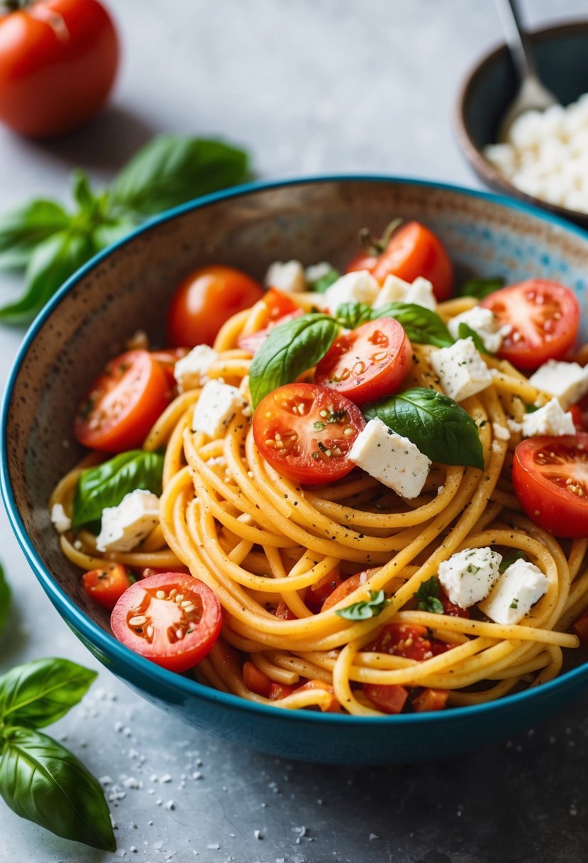 A colorful bowl of Mediterranean tomato and feta pasta, with fresh tomatoes, basil, and crumbled feta cheese, garnished with a sprinkle of black pepper