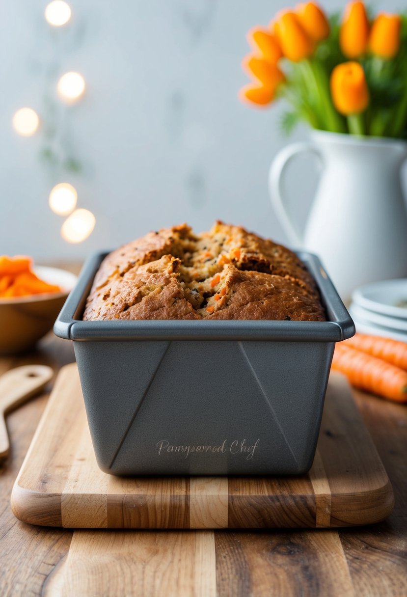 A loaf of carrot cake bread baking in a pampered chef stone loaf pan