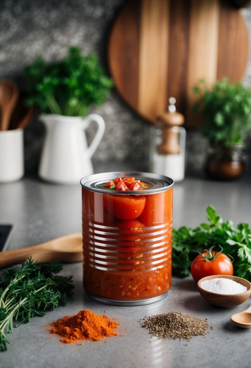 A can of strained tomatoes surrounded by fresh herbs and spices on a kitchen counter