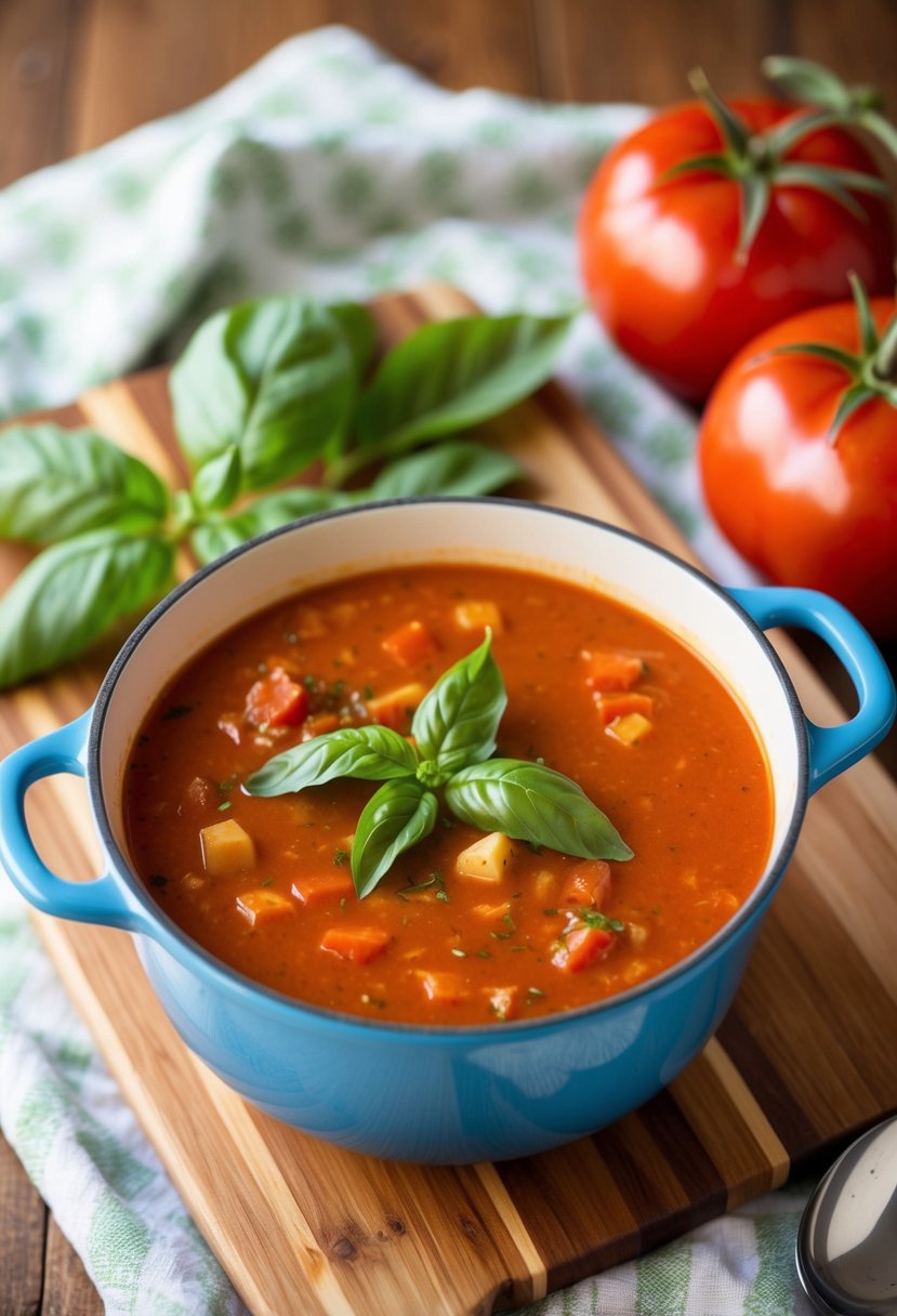 A pot of simmering tomato basil soup with fresh basil leaves on a wooden cutting board