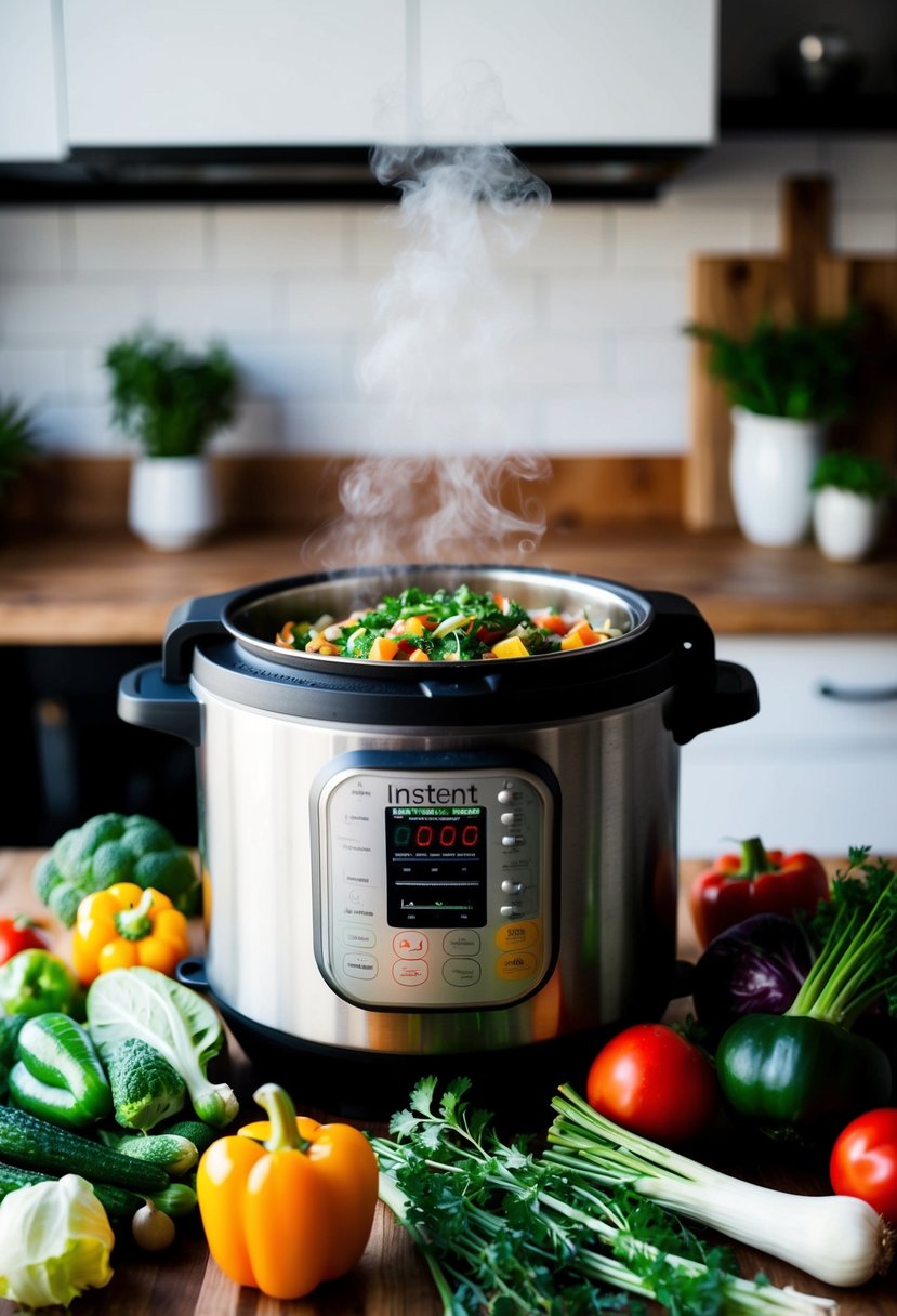 A variety of fresh vegetables and herbs arranged around an Instant Pot, with steam rising from a delicious and healthy plant-based meal cooking inside