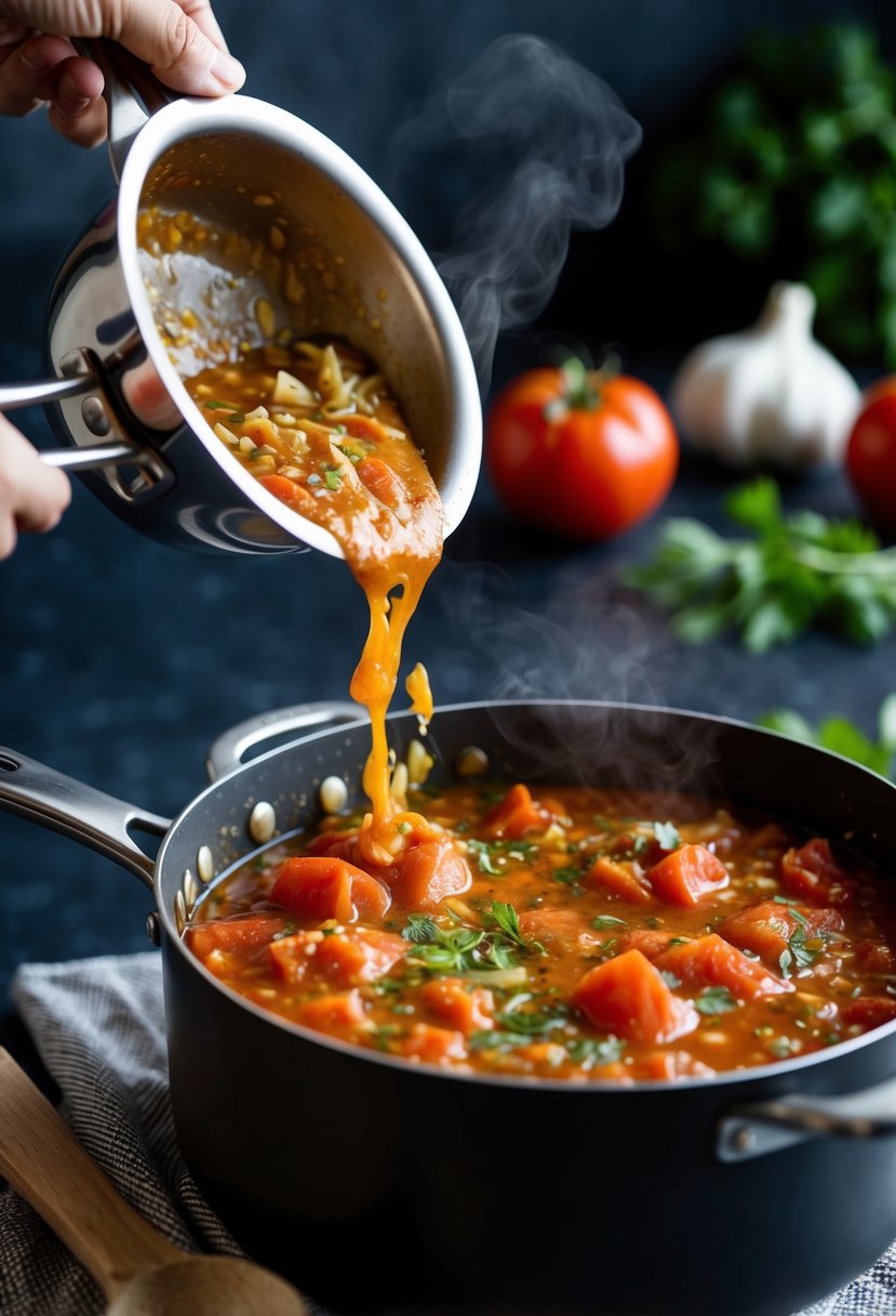 A pot simmering with strained tomatoes, garlic, and herbs for classic marinara sauce