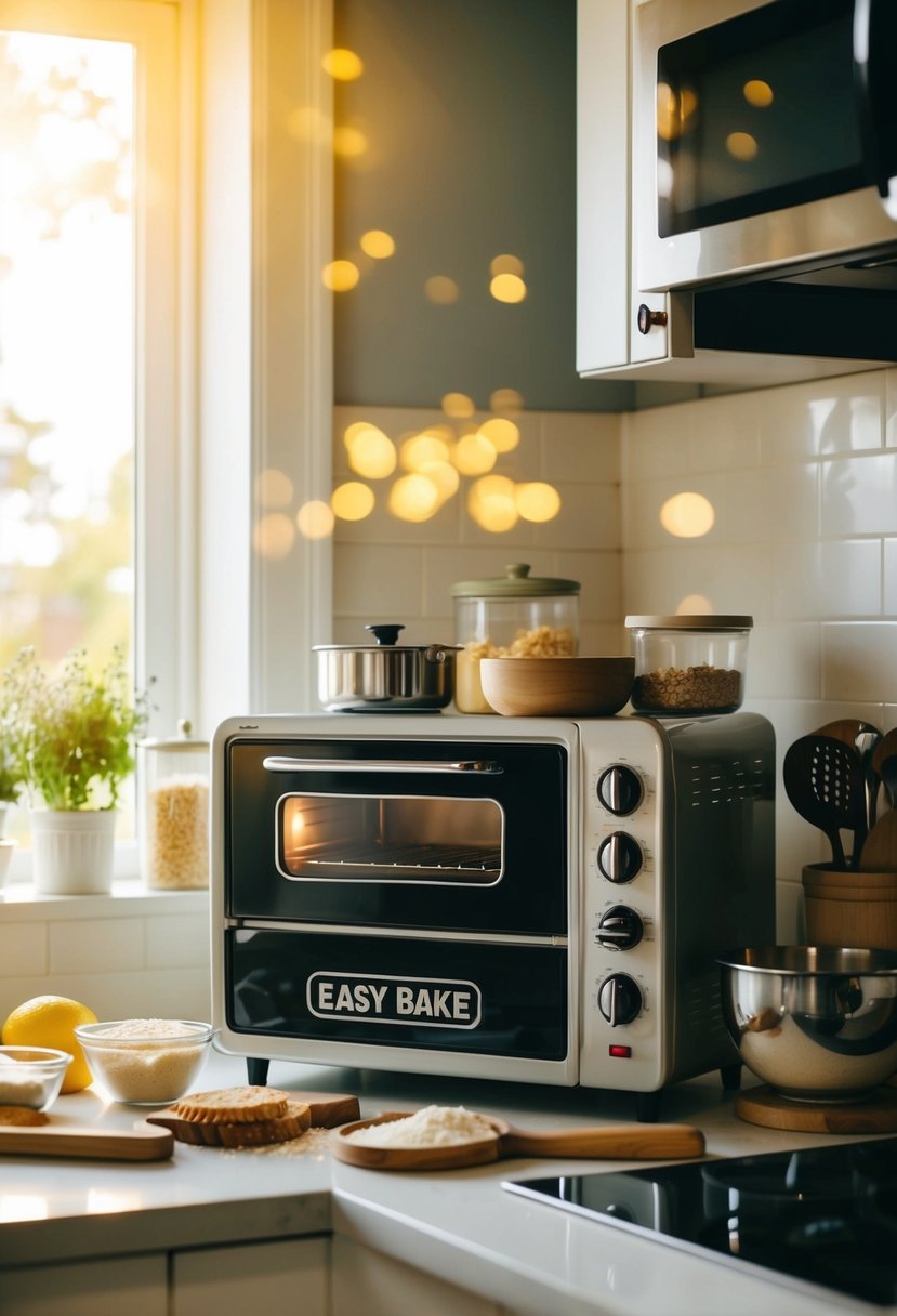 A cozy kitchen with a vintage Easy Bake Oven on the counter, surrounded by ingredients and utensils for baking. Sunshine streams in through the window