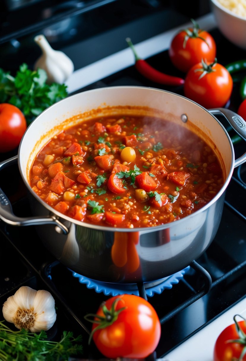 A bubbling pot of arrabbiata sauce simmering on a stovetop, surrounded by fresh tomatoes, garlic, chili peppers, and herbs