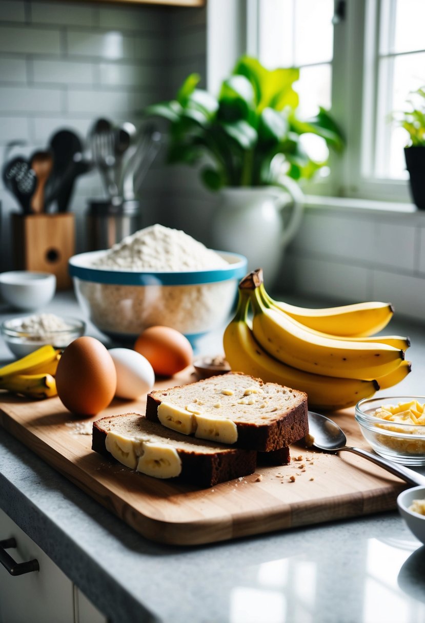 A kitchen counter with ingredients (flour, bananas, eggs) and utensils for making banana bread