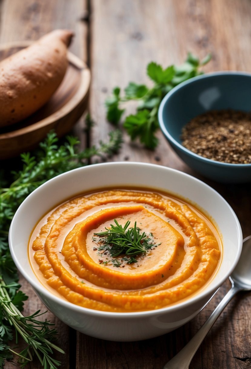 A steaming bowl of creamy sweet potato soup sits on a rustic wooden table, surrounded by fresh herbs and spices