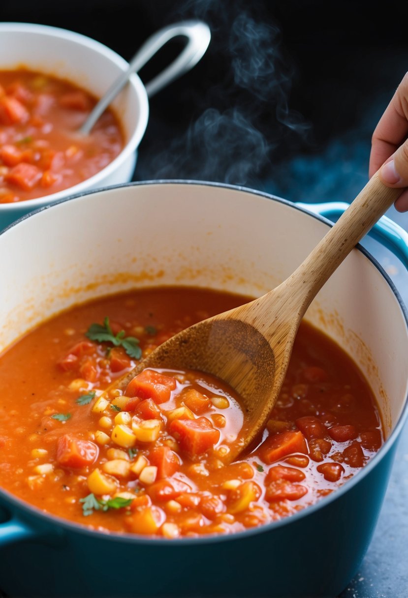 A pot of simmering tomato bisque with a wooden spoon stirring in strained tomatoes and other recipe ingredients